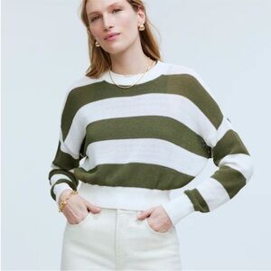 Madewell Loose-Knit Crewneck Sweater Cropped, Ivory & Olive Green Medium